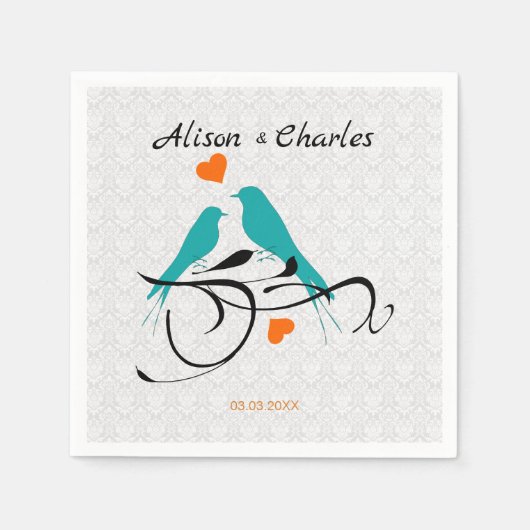 ホワイトダマスクと鳥 スタンダードカクテルナプキン (正面)