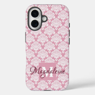 ホワイトダマスクオンダスティバラモノグラム&名前かわいらし iPhone 16ケース