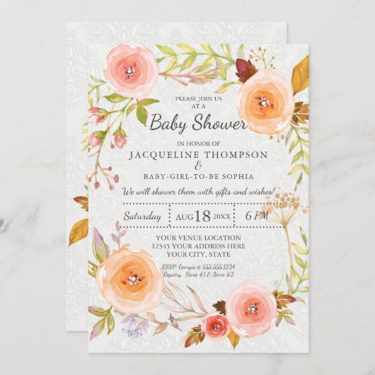 ホワイトダマスクタイポグラフィウォーターカラーフローラリース 招待状 (正面/裏面)