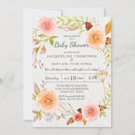 ホワイトダマスクタイポグラフィウォーターカラーフローラリース 招待状