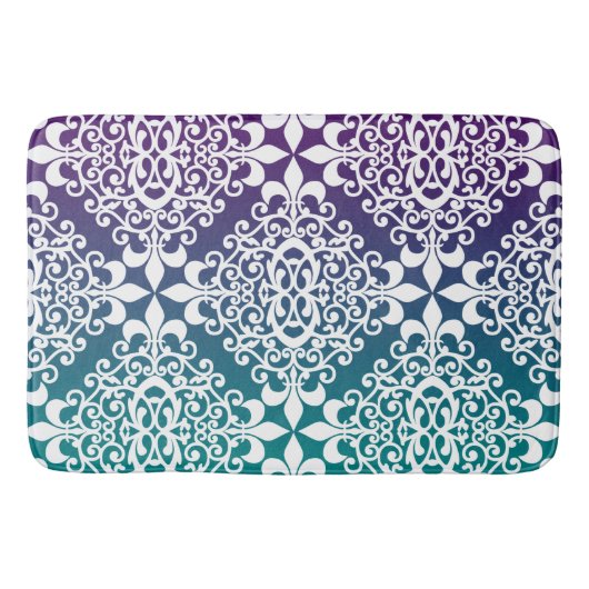 ホワイトダマスクパープルおよびティール(緑がかった色) グラデーション バスマット (正面)