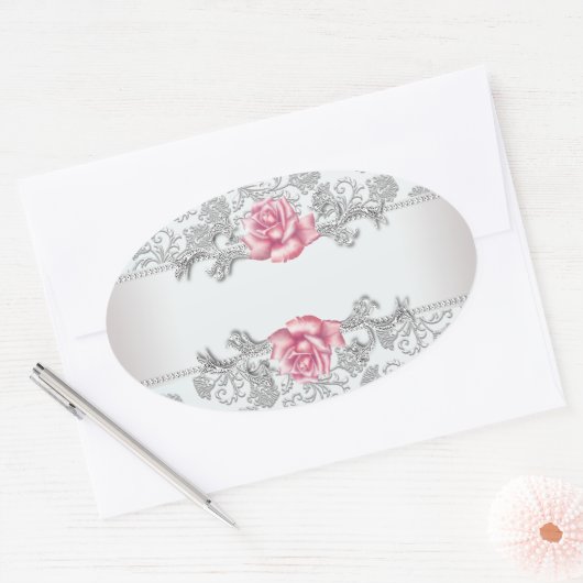 ホワイトダマスクピンクローズ封筒用シールステッカーラベル 楕円形シール (封筒)
