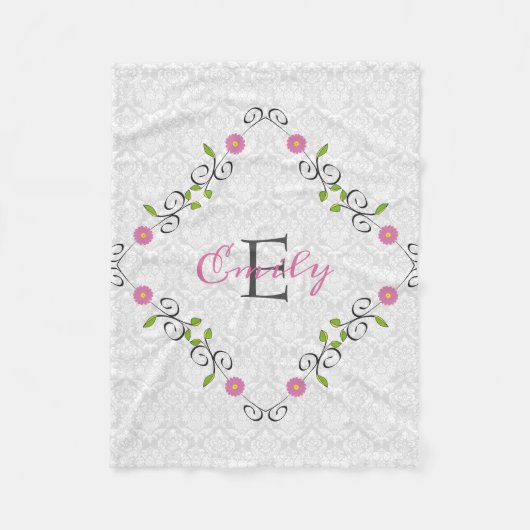 ホワイトダマスクフローラフレーム フリースブランケット (正面)