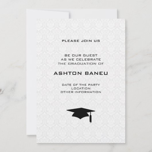 ホワイトダマスクブラックタイポグラフィ – 卒業 招待状 (裏面)