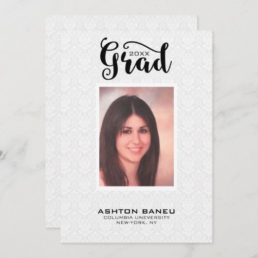 ホワイトダマスクブラックタイポグラフィ – 卒業 招待状 (正面/裏面)