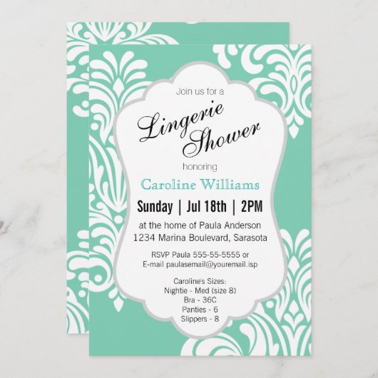 ホワイトダマスクランジェリーシャワー 招待状 (正面/裏面)