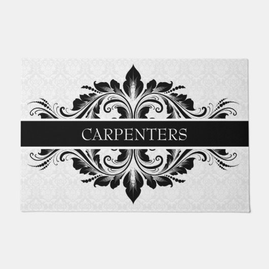 ホワイトダマスク及びブラックフローラレース ドアマット (正面)