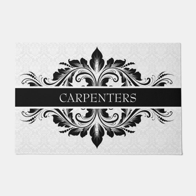 ホワイトダマスク及びブラックフローラレース ドアマット (正面)