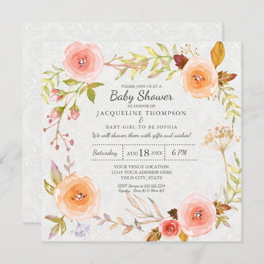 ホワイトダマスク水彩フローラリースタイポグラフィ 招待状 (正面/裏面)