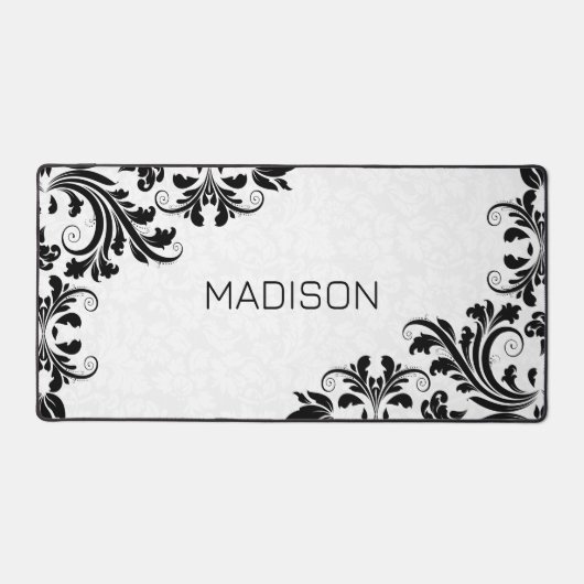 ホワイトダマスク黒い渦巻き デスクマット (正面)