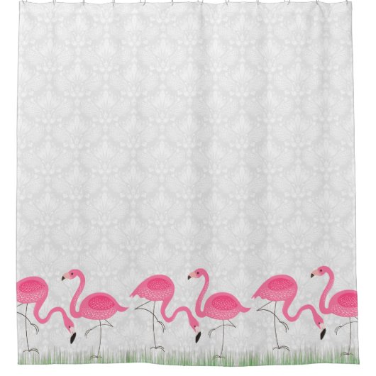 ホワイトダマスク&ピンクフラミンゴスイラストレーション シャワーカーテン (正面)