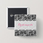 ホワイトダマスク&ブラックレースブリデスメイドボタン 缶バッジ (正面&裏面)