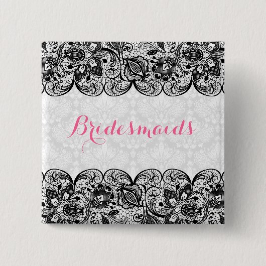 ホワイトダマスク&ブラックレースブリデスメイドボタン 缶バッジ (正面)