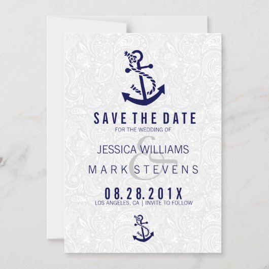 ホワイトダマスク&ブルー航海のいかり マグネット招待状 (正面)