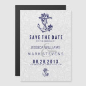 ホワイトダマスク&ブルー航海のフローラいかり マグネット招待状 (正面/裏面)