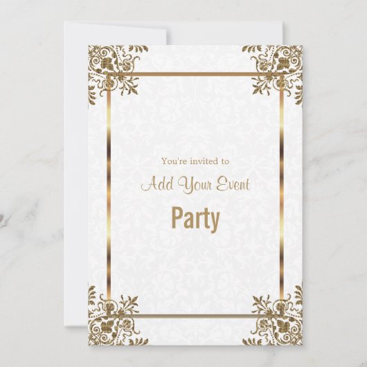 ホワイトダマスク&金ゴールドすべての行事パーティの招待状 招待状 (正面)