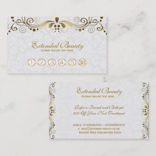 ホワイトダマスク&金ゴールドフローラレースロイヤリティカード ロイヤリティカード (正面/裏面)