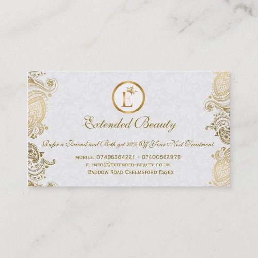 ホワイトダマスク&金ゴールドペイズリーレースロイヤリティカード ロイヤリティカード (裏面)