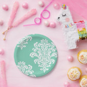 ホワイトダマスクonアクアパターン ペーパープレート (パーティー)