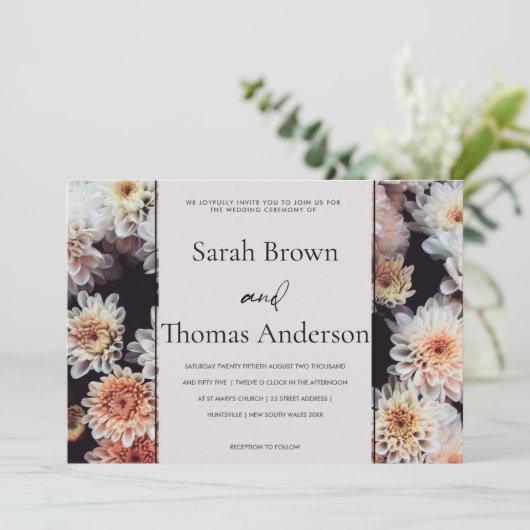 ホワイトダリアフローラエレガント結婚ブライダル 招待状 (スタンド正面)