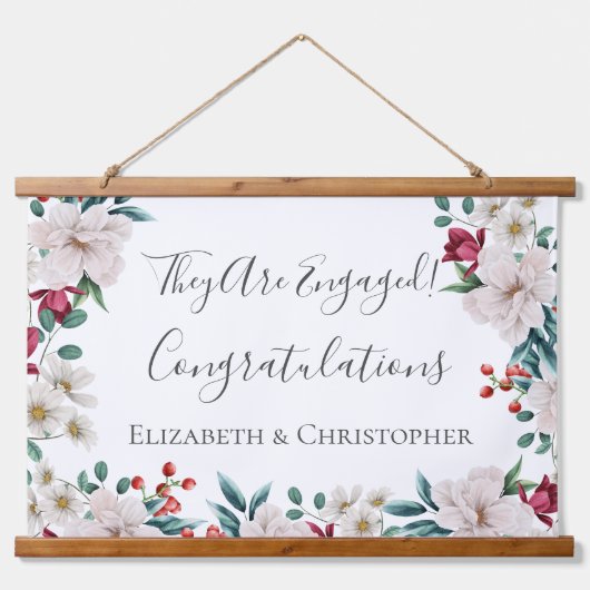 ホワイトダークピンクレッドフローラ緑婚約 吊り下げ型タペストリー (正面)