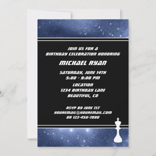 ホワイトチェス駒と宇宙銀河系誕生日 招待状 (裏面)