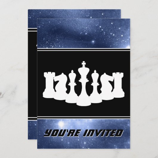 ホワイトチェス駒と宇宙銀河系誕生日 招待状 (正面/裏面)