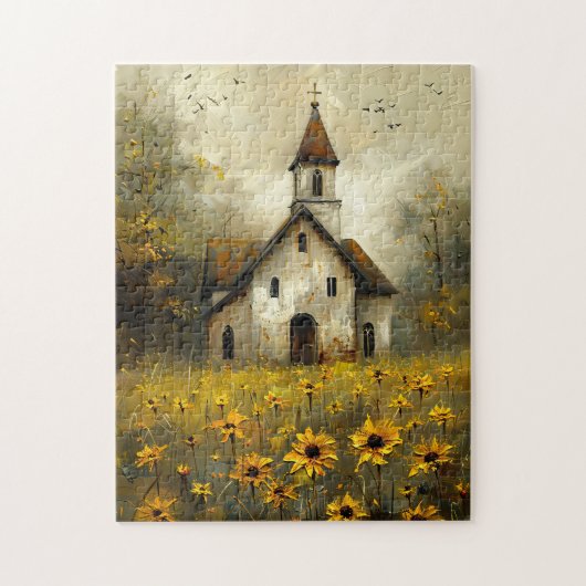 ホワイトチャーチイエローワイルドフラワー素朴 ジグソーパズル (縦)
