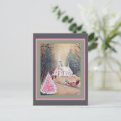 ホワイトチャーチピンクのクリスマスツリーそり ポストカード (スタンド正面)