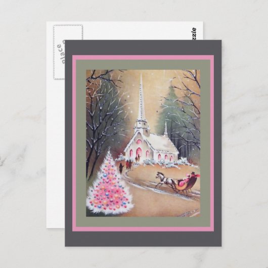 ホワイトチャーチピンクのクリスマスツリーそり ポストカード (正面/裏面)