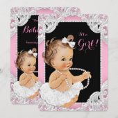 ホワイトチュチュ ピンク ブラックパール ベビーガールシャワー 招待状 (正面/裏面)