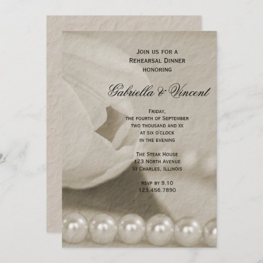 ホワイトチューリップと結婚真珠のリハーサルディナー 招待状 (正面/裏面)
