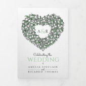 ホワイトチューリップグリーンハートインクアートモノグラム結婚ズ 三つ折り招待状 (カバー)