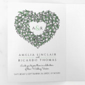 ホワイトチューリップグリーンハートインクアートモノグラム結婚ズ 三つ折り招待状 (内部最初)