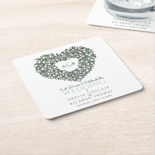 ホワイトチューリップリースインクスケッチモノグラム結婚ズ スクエアペーパーコースター (アングル)