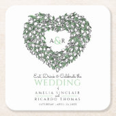 ホワイトチューリップリースインクスケッチモノグラム結婚ズ スクエアペーパーコースター (正面)