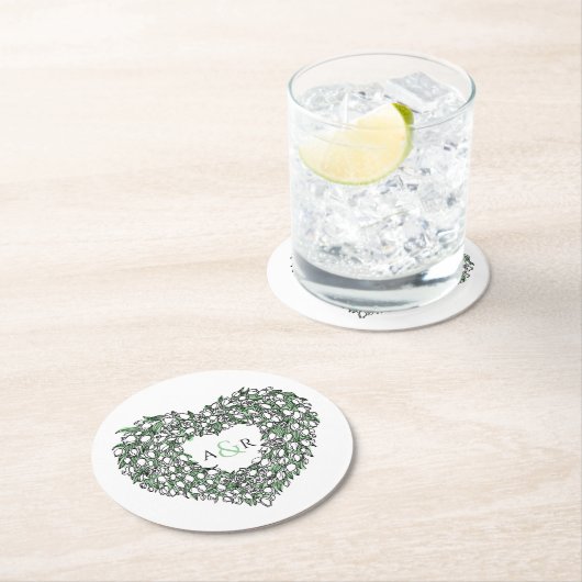 ホワイトチューリップリースインクスケッチ結婚モノグラム ラウンドペーパーコースター (インサイチュ)