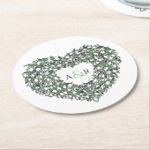 ホワイトチューリップリースインクスケッチ結婚モノグラム ラウンドペーパーコースター (アングル)