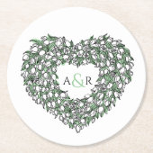 ホワイトチューリップリースインクスケッチ結婚モノグラム ラウンドペーパーコースター (正面)