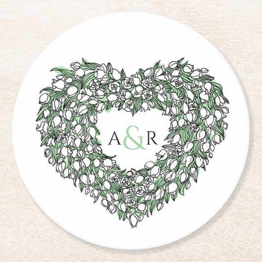 ホワイトチューリップリースインクスケッチ結婚モノグラム ラウンドペーパーコースター (正面)
