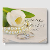 ホワイトチューリップ、リングや輪と真珠の春の結婚式 ゲストブック (正面)