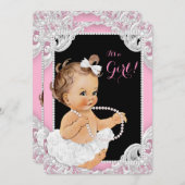 ホワイトツツピンクブラックパールベビーガールシャワー 招待状 (正面/裏面)