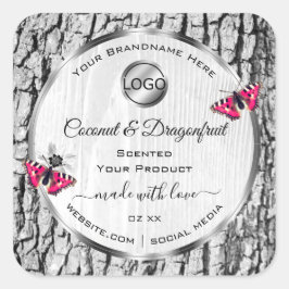 ホワイトツリーバークピンクバタフライ製品ラベルロゴ スクエアシール