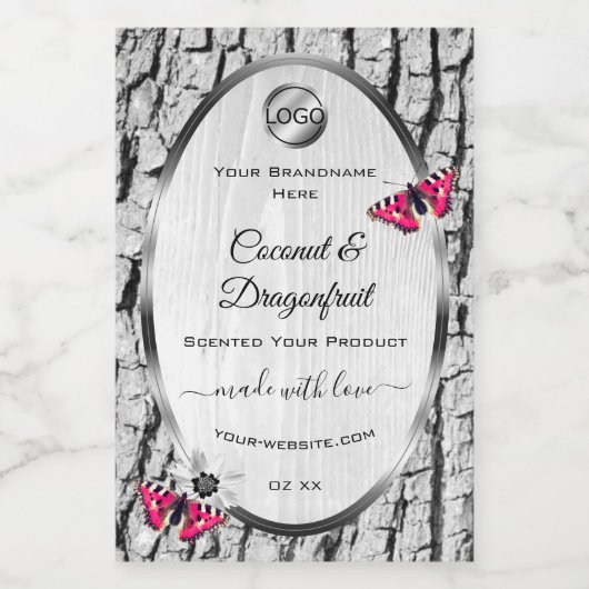 ホワイトツリーバークピンクバタフライ製品ラベルロゴ フードラベル (シングルラベル)