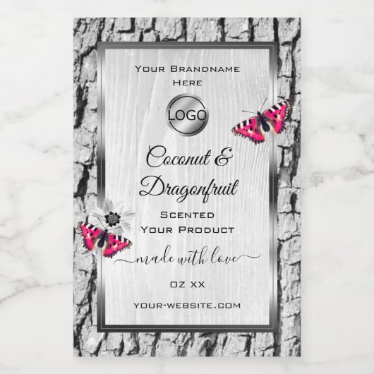 ホワイトツリーバークピンクバタフライ製品ラベルロゴ フードラベル (シングルラベル)