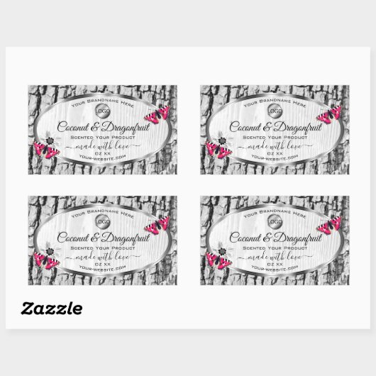 ホワイトツリーバークピンクバタフライ製品ラベルロゴ 長方形シール (シート)