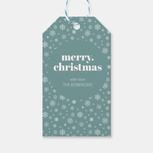 ホワイトティール（緑がかった色）グリーンメリークリスマススノーフレークパターン ギフトタグ (正面)