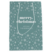 ホワイトティール（緑がかった色）グリーンメリークリスマススノーフレークパターン ミディアムペーパーバッグ (正面)