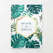 ホワイトティール（緑がかった色）トロピカルパーム葉モンステラ結婚ズ 三つ折り招待状 (カバー)