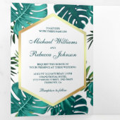 ホワイトティール（緑がかった色）トロピカルパーム葉モンステラ結婚ズ 三つ折り招待状 (内部最初)